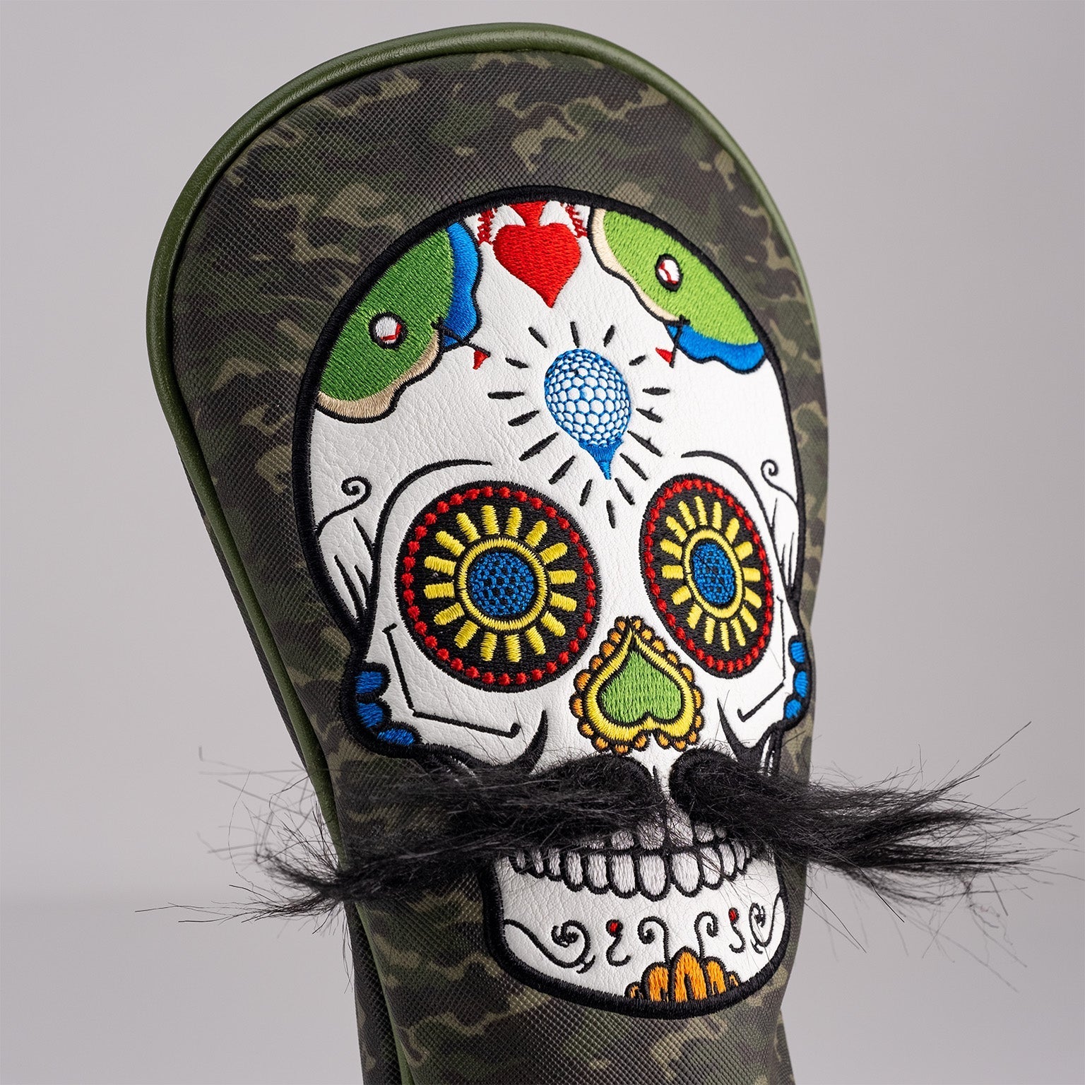 Mustache Sugar Skull - Fairway Cover Green Camo - Black Girl Golf