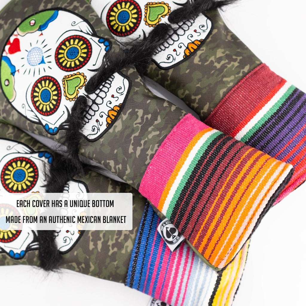 Mustache Sugar Skull - Fairway Cover Green Camo - Black Girl Golf