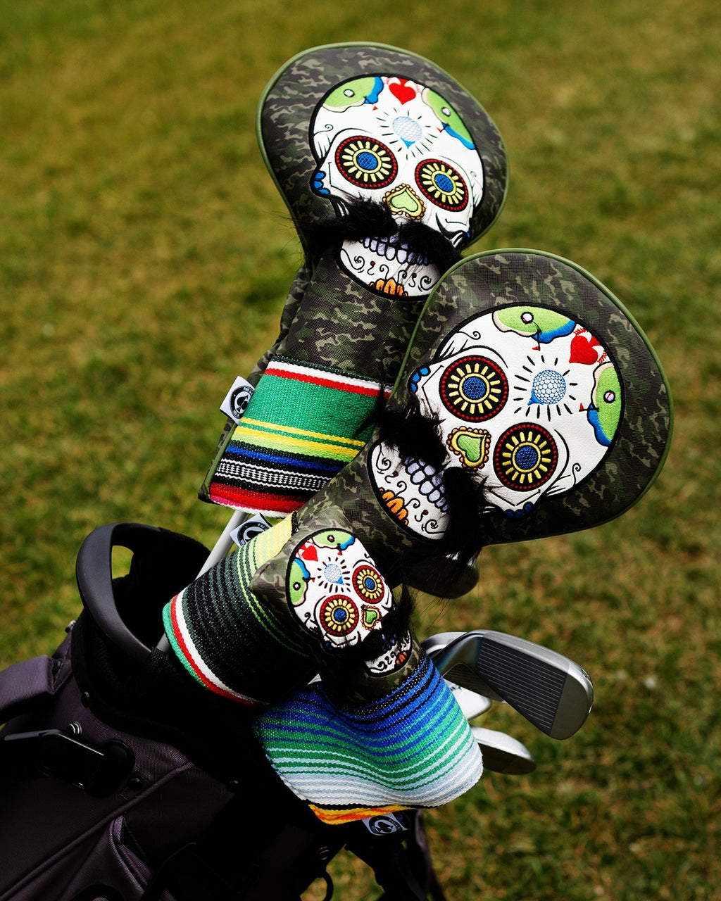 Mustache Sugar Skull - Fairway Cover Green Camo - Black Girl Golf