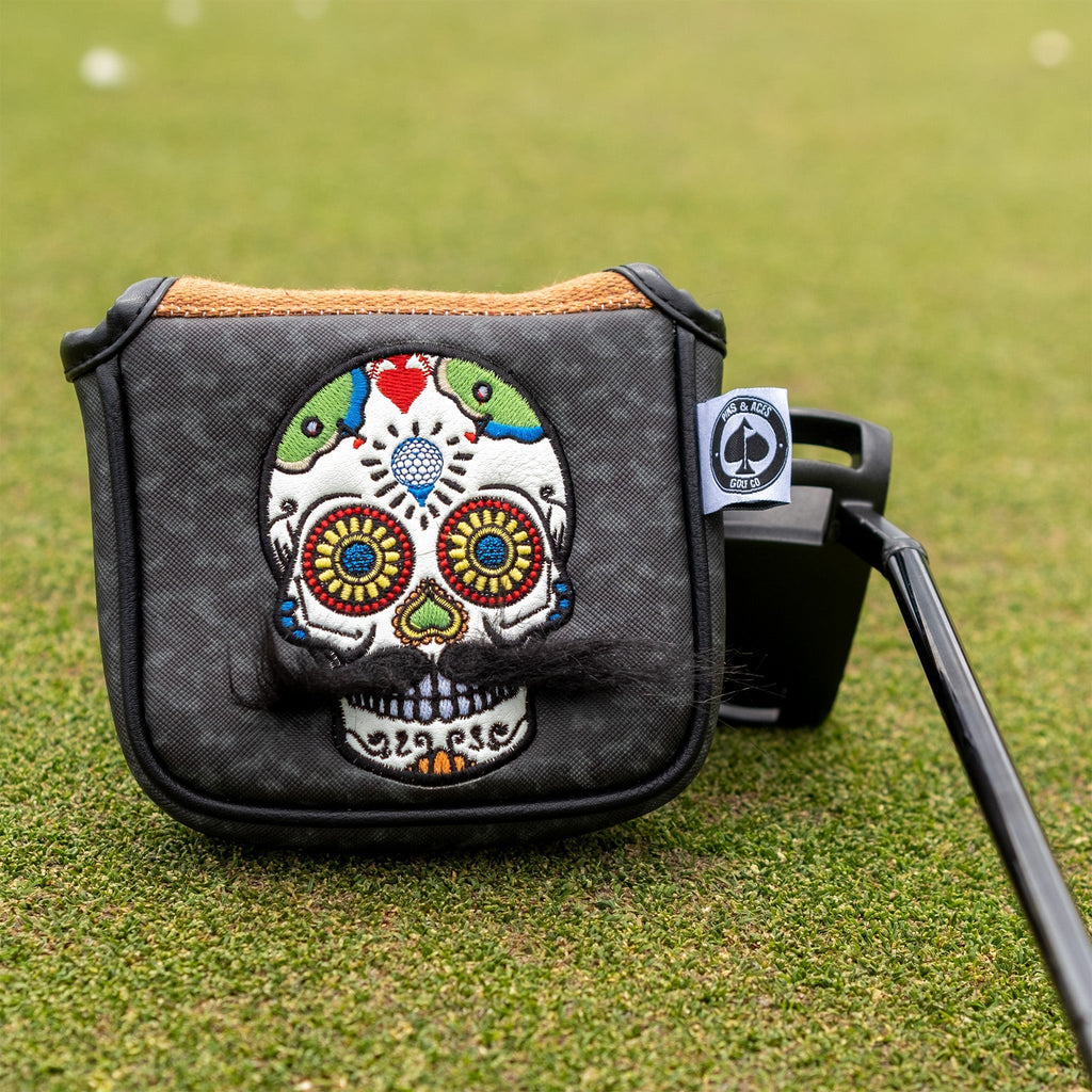 Mustache Sugar Skull - Mallet Putter Cover Gray Camo - Black Girl Golf