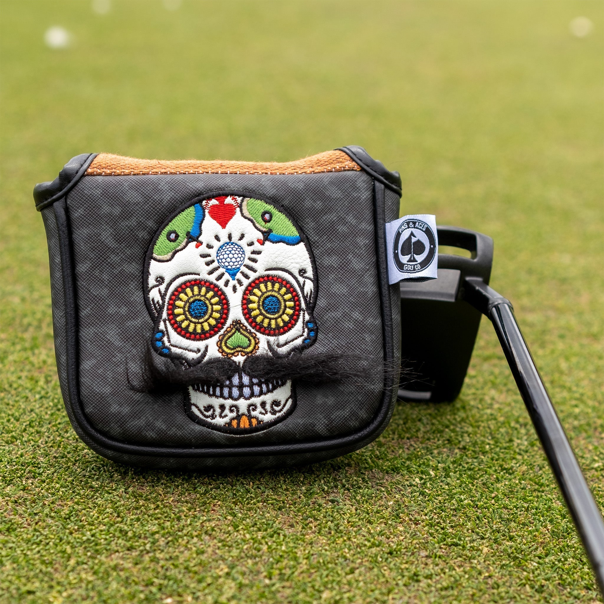 Mustache Sugar Skull - Mallet Putter Cover Gray Camo - Black Girl Golf
