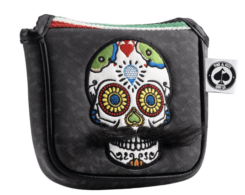 Mustache Sugar Skull - Mallet Putter Cover Gray Camo - Black Girl Golf