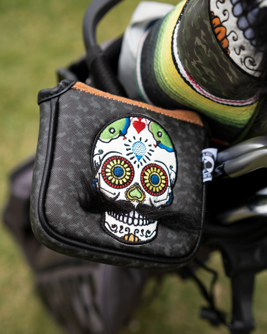 Mustache Sugar Skull - Mallet Putter Cover Gray Camo - Black Girl Golf
