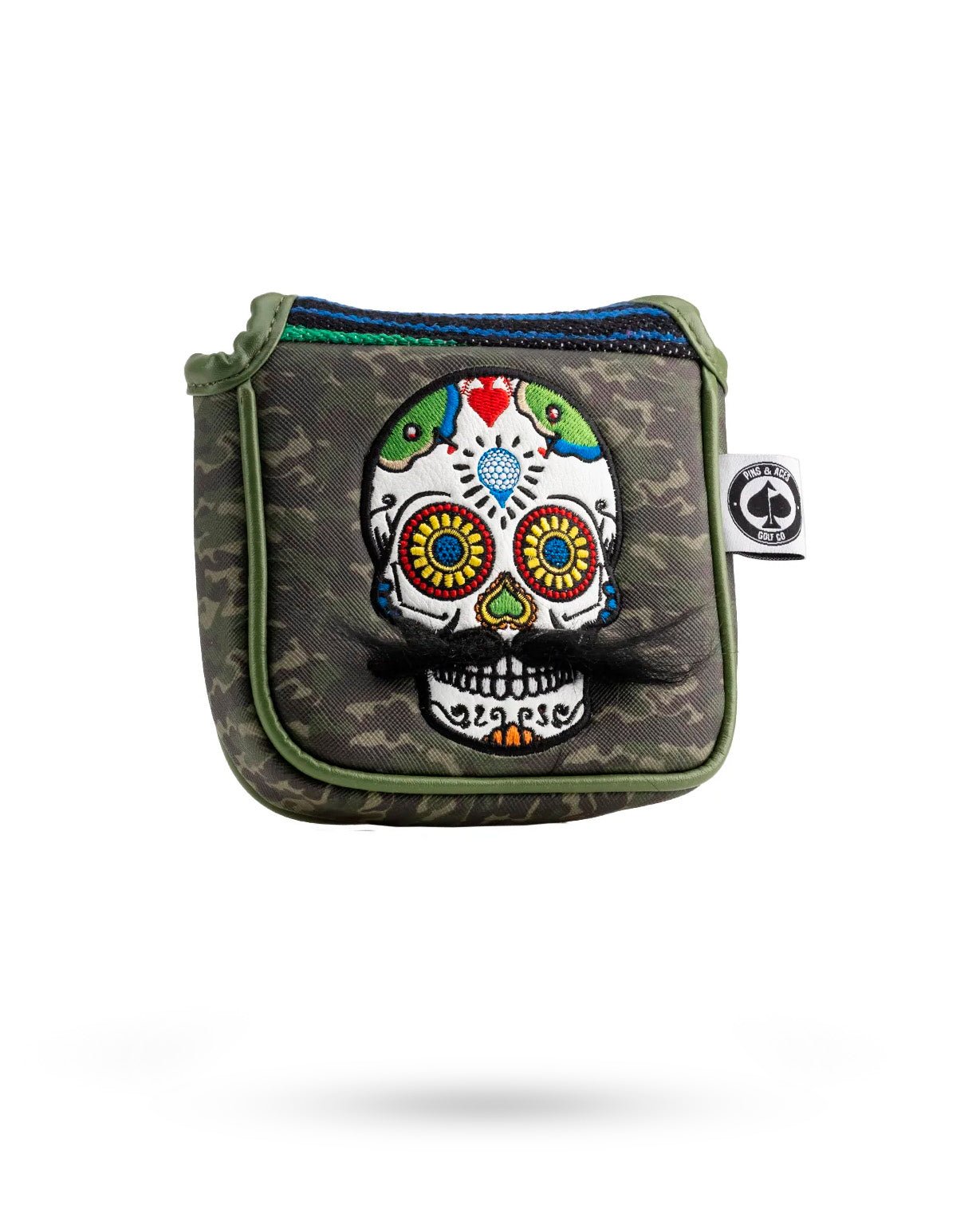 Mustache Sugar Skull - Mallet Putter Cover Green Camo - Black Girl Golf