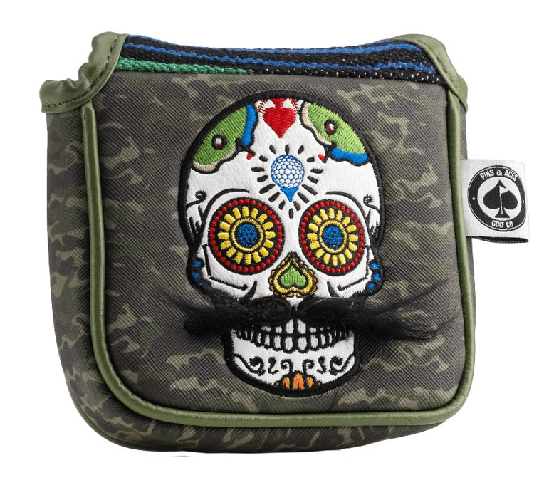 Mustache Sugar Skull - Mallet Putter Cover Green Camo - Black Girl Golf