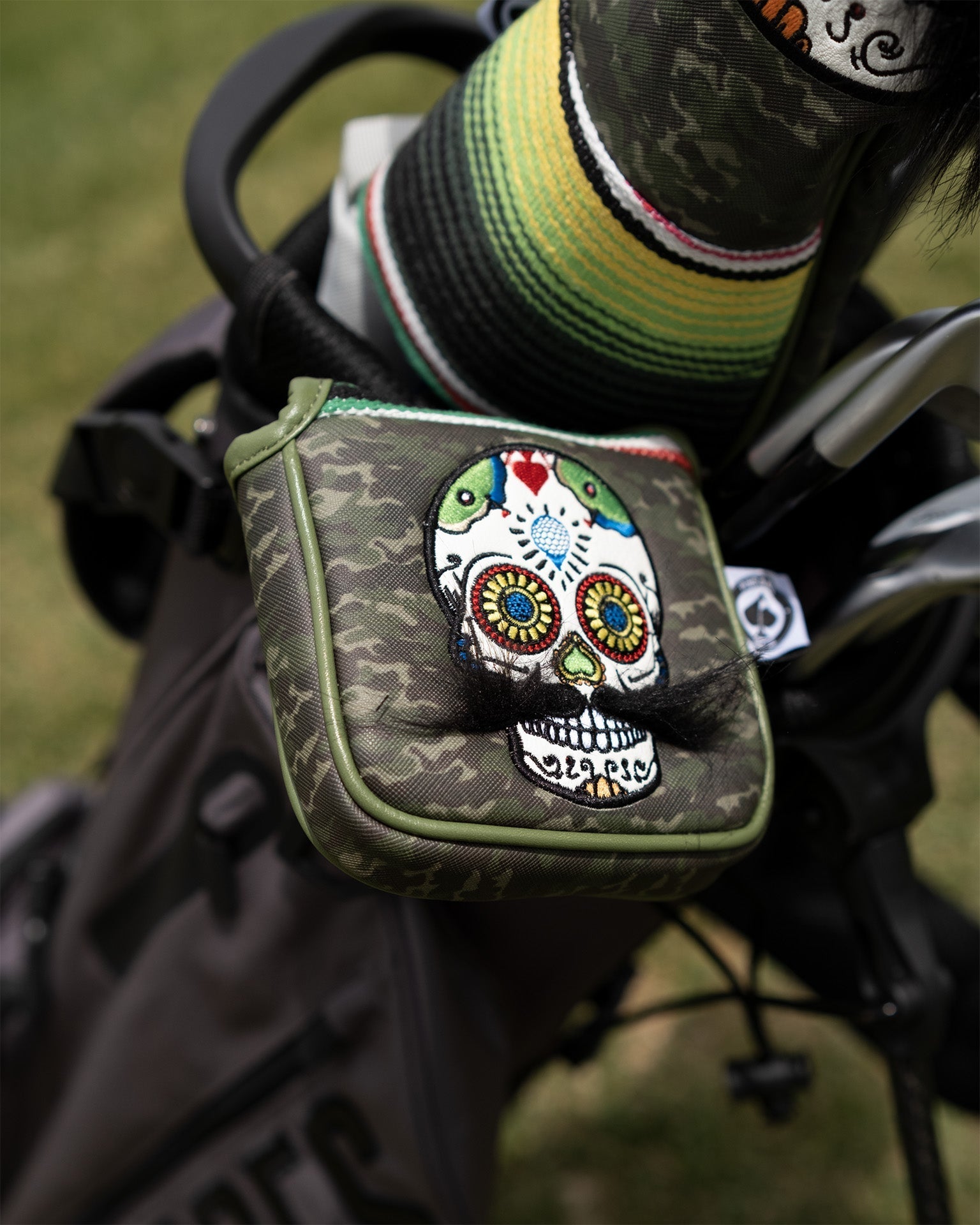 Mustache Sugar Skull - Mallet Putter Cover Green Camo - Black Girl Golf