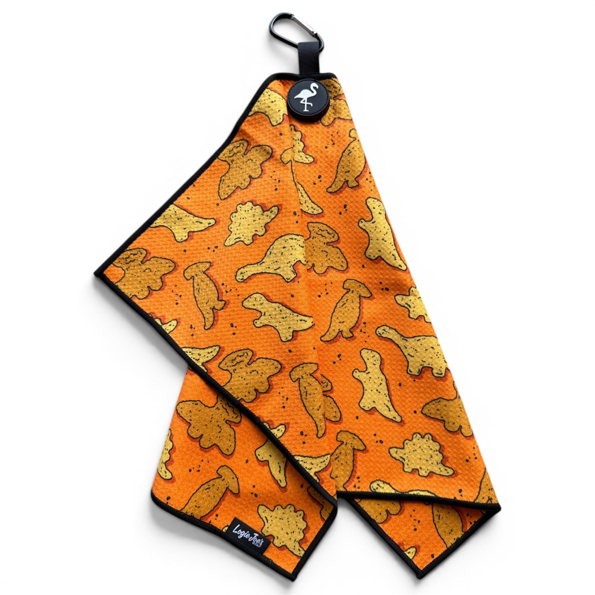 Orange Dino Chicken Nugget Golf Towel | 24” x 16” Microfiber Towel | Magnetic Clip & Carabiner | Premium Golf Accessory - Black Girl Golf