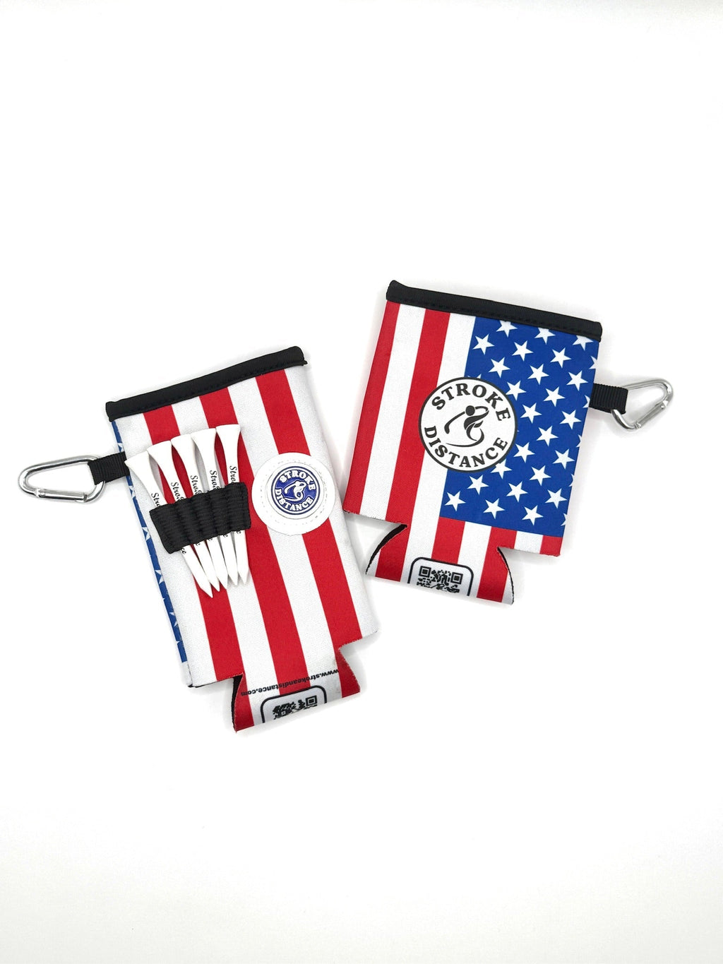 Patriotic Stars and Stripes Beverage Caddie 4 Pack, 3 - in - 1 Golf Insulator, Removeable Ball Marker, Bag Clip & Tees Combo - Black Girl Golf