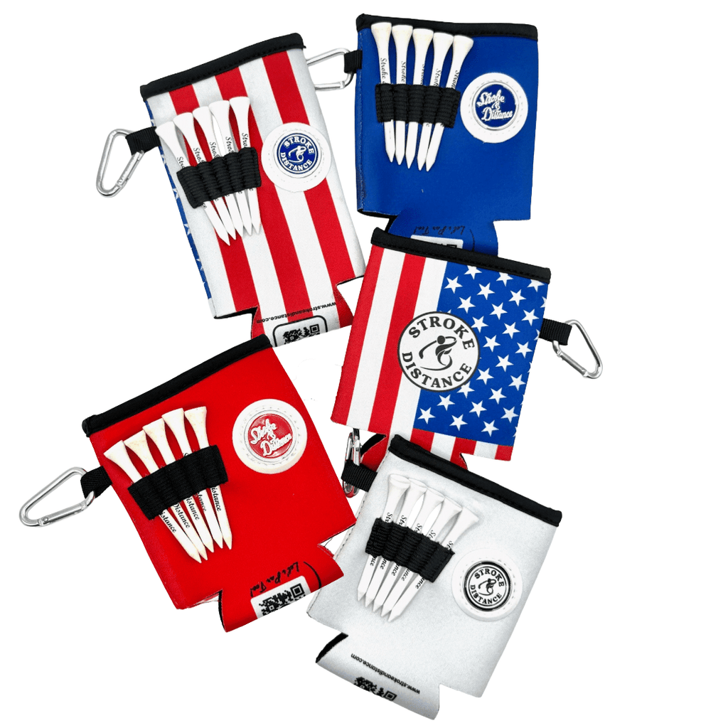 Patriotic Stars and Stripes Beverage Caddie 4 Pack, 3 - in - 1 Golf Insulator, Removeable Ball Marker, Bag Clip & Tees Combo - Black Girl Golf