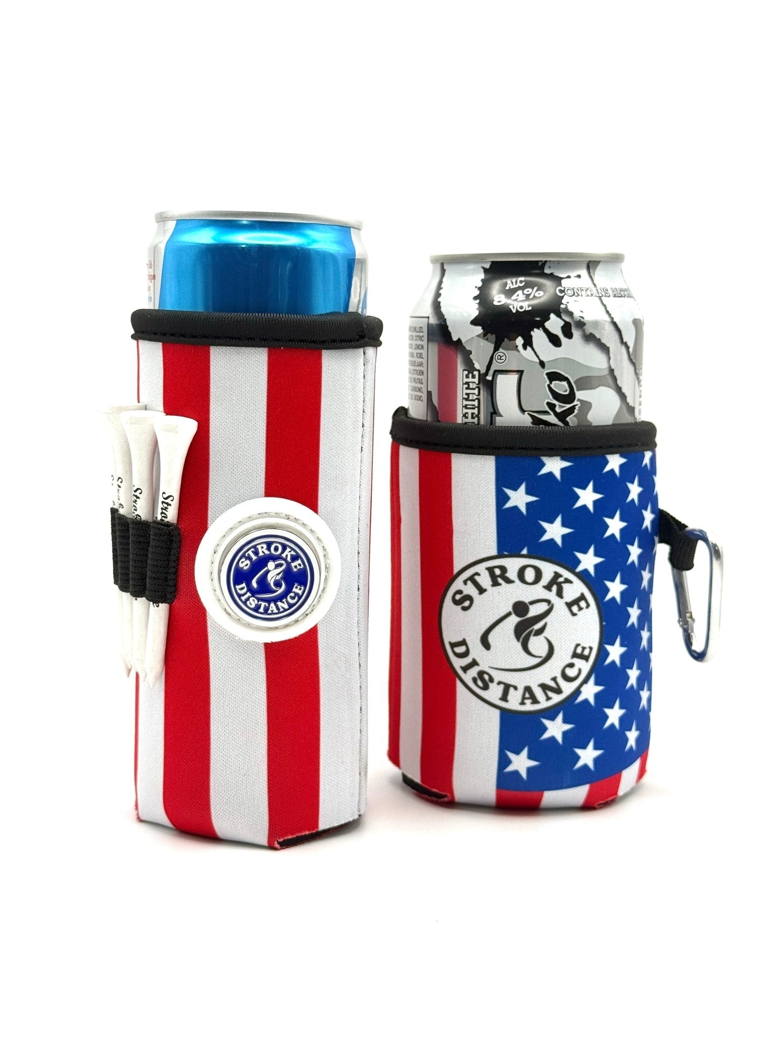 Patriotic Stars and Stripes Beverage Caddie 4 Pack, 3 - in - 1 Golf Insulator, Removeable Ball Marker, Bag Clip & Tees Combo - Black Girl Golf