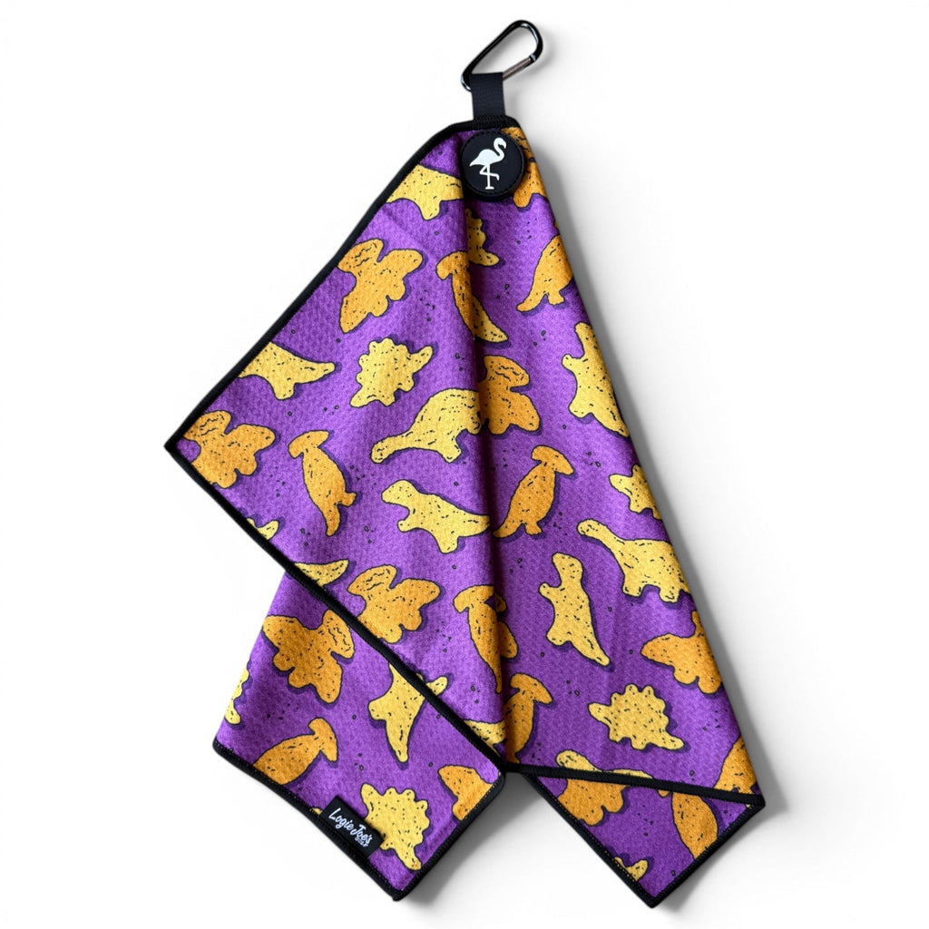 Purple Dino Chicken Nugget Golf Towel | 24” x 16” Microfiber Towel | Magnetic Clip & Carabiner | Premium Golf Accessory - Black Girl Golf