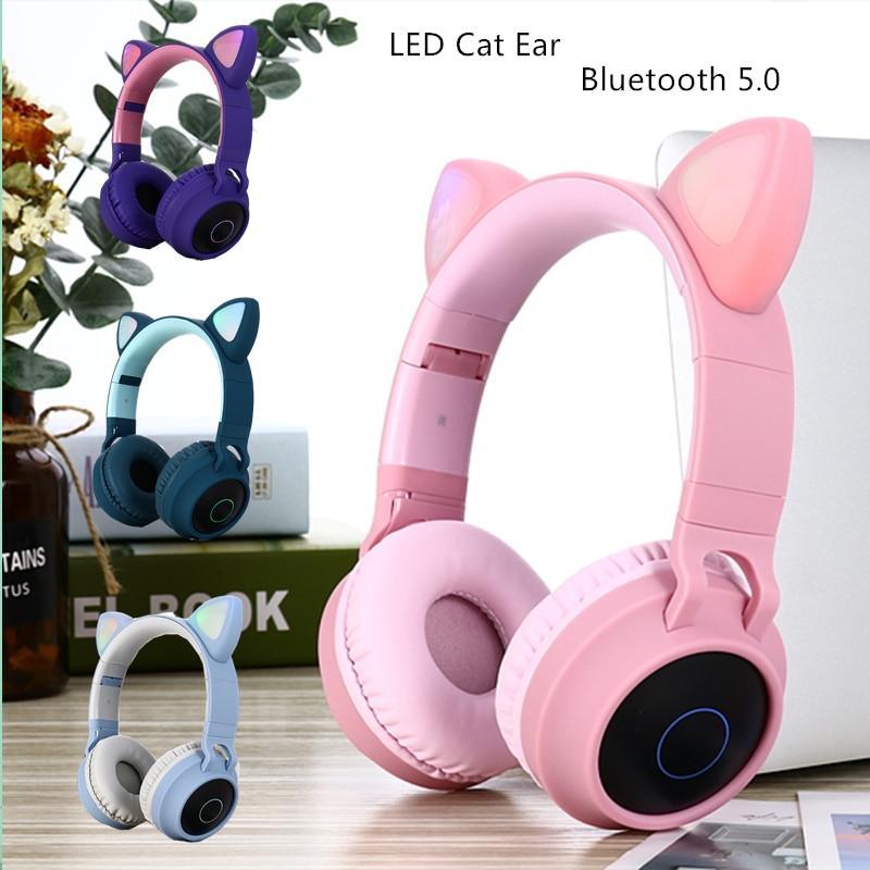 STEVVEX New Luxury Interesting LED Cat Ear Noise Cancelling Headphones Bluetooth 5.0 For Young People and Kids Headset Support TF Card 3.5mm Plug With Mic - Black Girl Golf