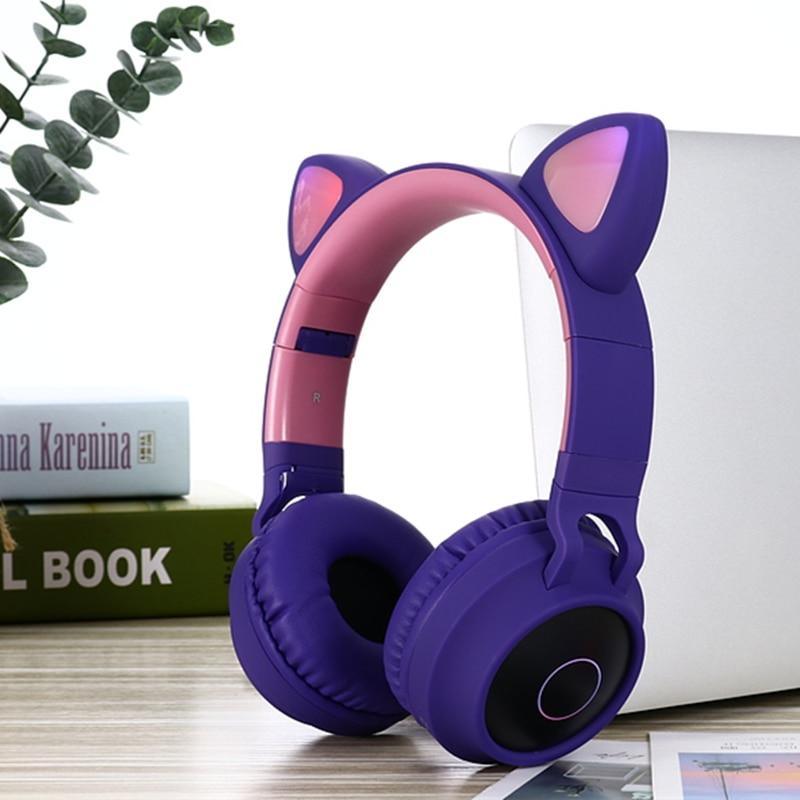 STEVVEX New Luxury Interesting LED Cat Ear Noise Cancelling Headphones Bluetooth 5.0 For Young People and Kids Headset Support TF Card 3.5mm Plug With Mic - Black Girl Golf