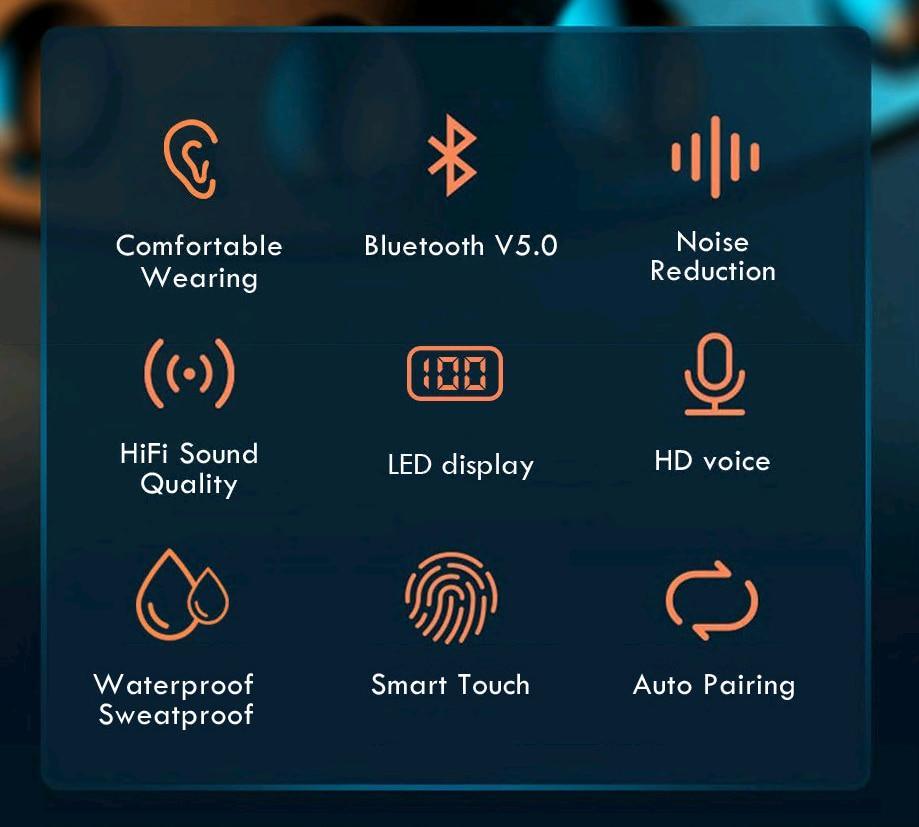 STEVVEX TWS Bluetooth 5.0 Earphones 2200mAh Charging Box Wireless Headphone 9D Stereo Sports Waterproof Earbuds Headsets With Microphone - Black Girl Golf