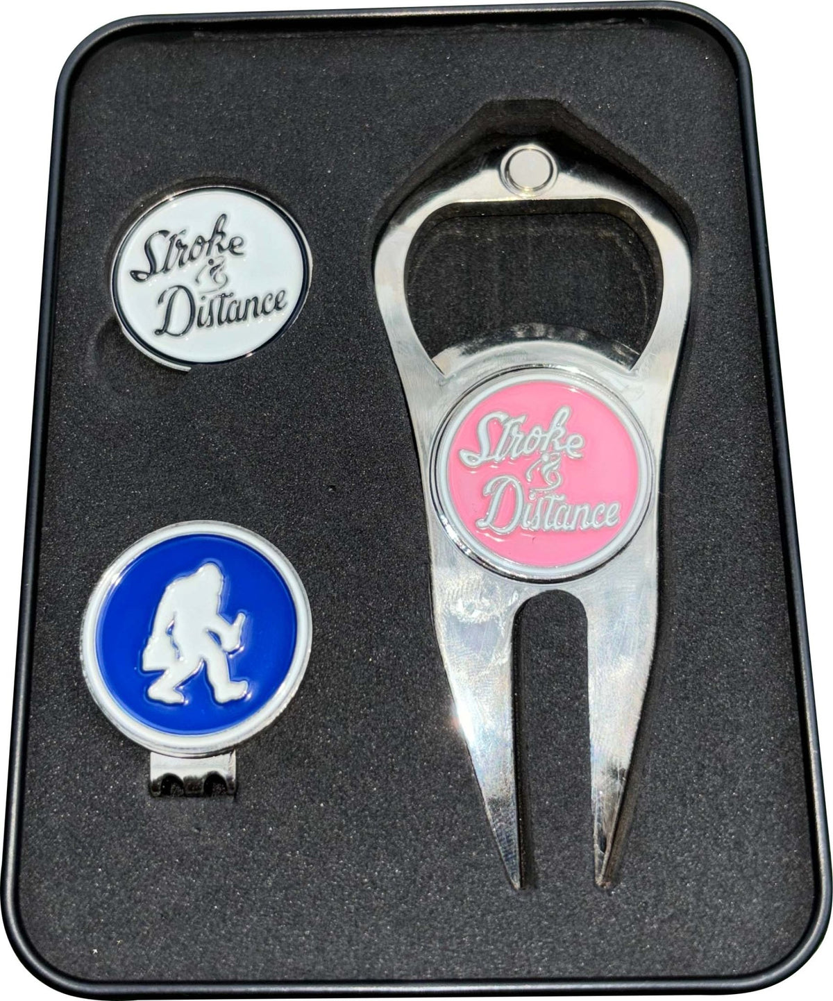 Stroke & Distance Golf Gift Set: Gift Tin, Divot Tool, Ball Marker, Hat Clip - Black Girl Golf
