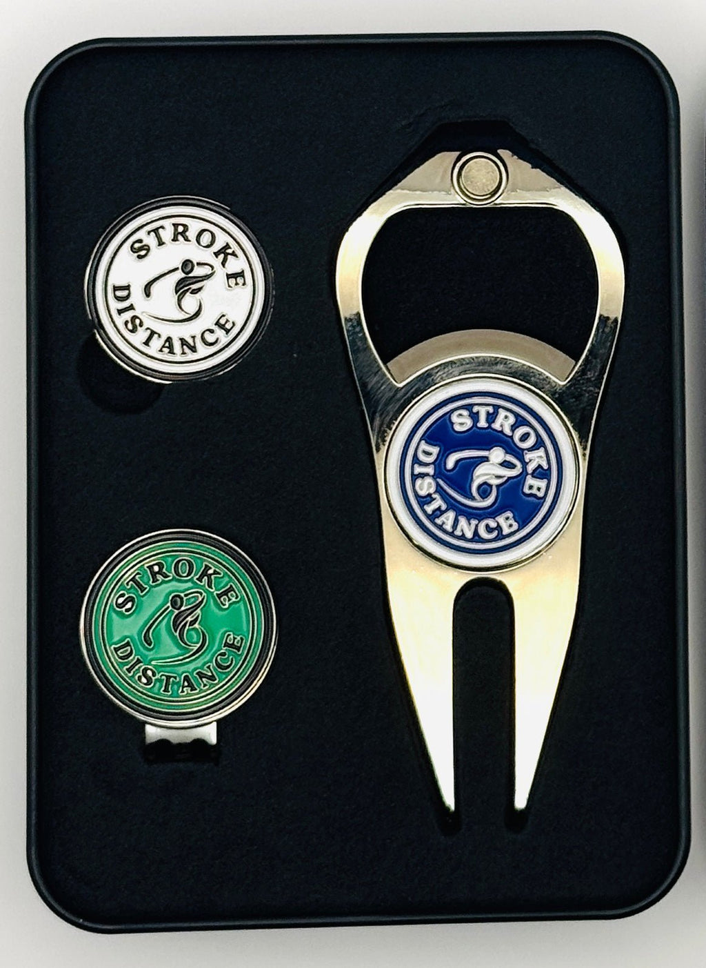 Stroke & Distance Golf Gift Set: Gift Tin, Divot Tool, Ball Marker, Hat Clip - Black Girl Golf