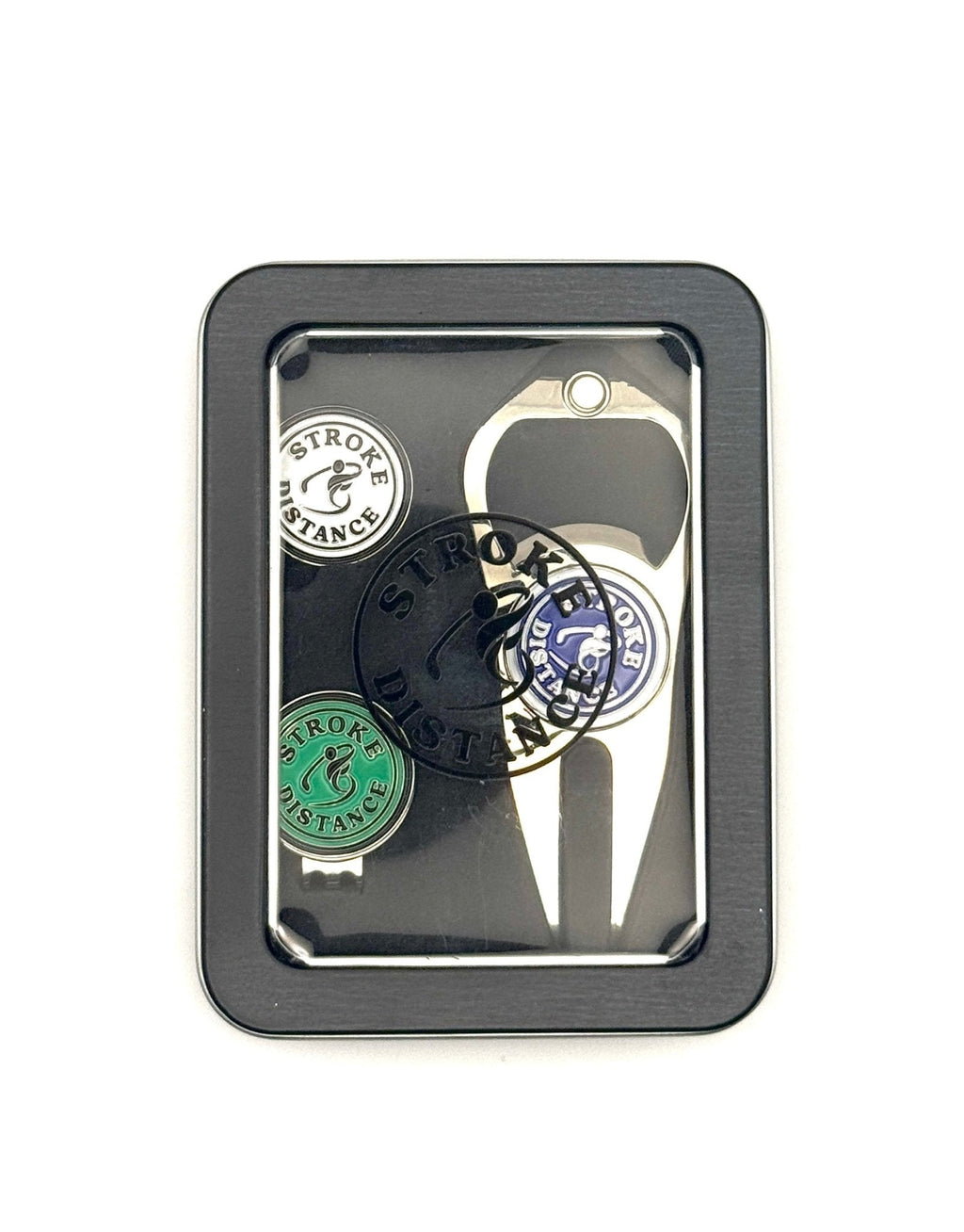 Stroke & Distance Golf Gift Set: Gift Tin, Divot Tool, Ball Marker, Hat Clip - Black Girl Golf