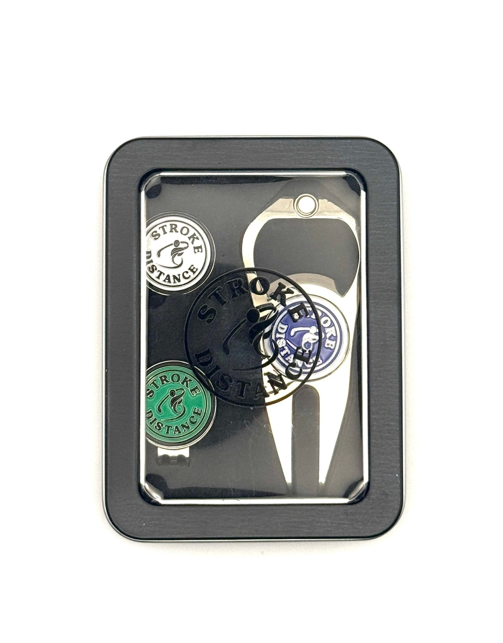 Stroke & Distance Golf Gift Set: Gift Tin, Divot Tool, Ball Marker, Hat Clip - Black Girl Golf
