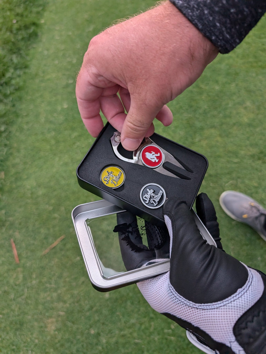 Stroke & Distance Golf Gift Set: Gift Tin, Divot Tool, Ball Marker, Hat Clip - Black Girl Golf