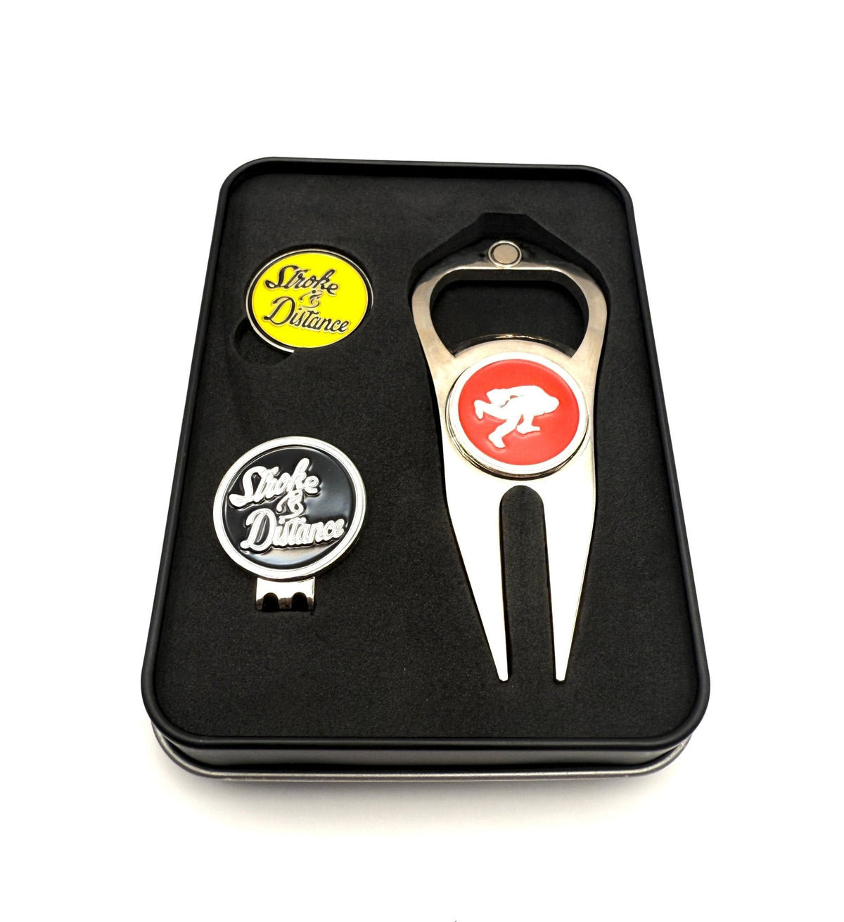 Stroke & Distance Golf Gift Set: Gift Tin, Divot Tool, Ball Marker, Hat Clip - Black Girl Golf