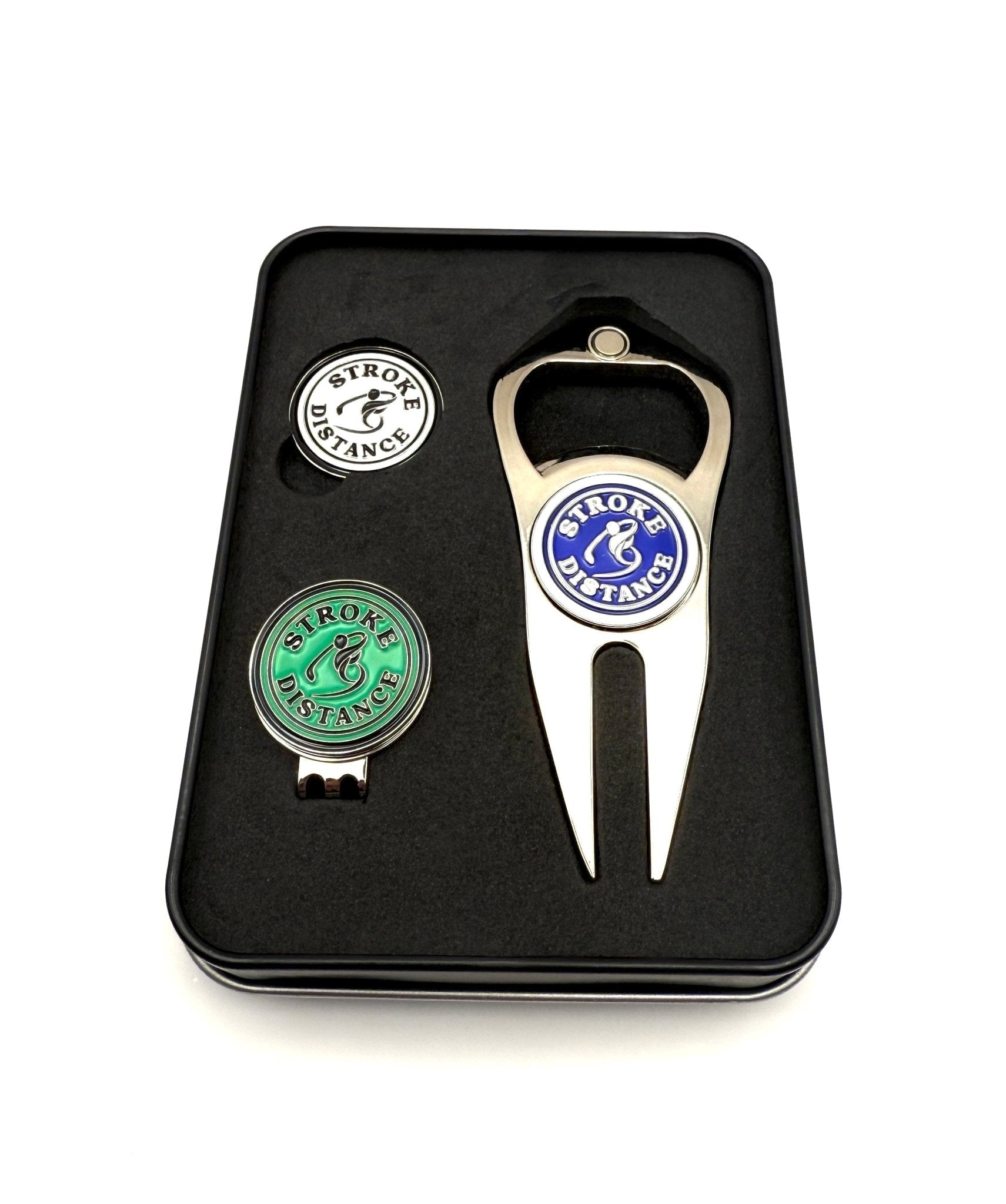 Stroke & Distance Golf Gift Set: Gift Tin, Divot Tool, Ball Marker, Hat Clip - Black Girl Golf