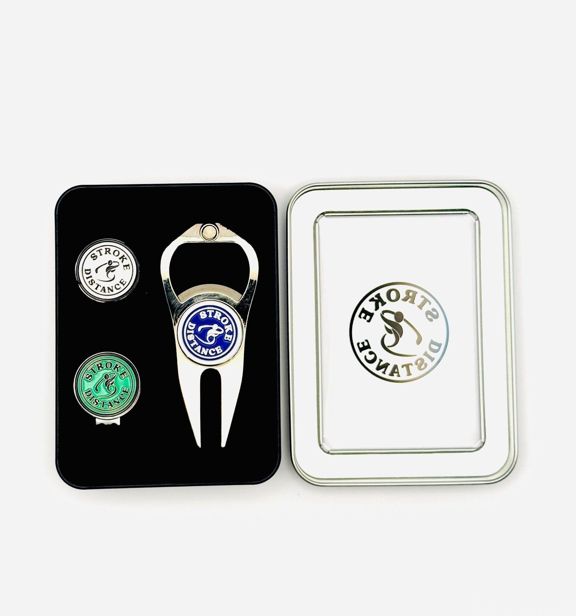 Stroke & Distance Golf Gift Set: Gift Tin, Divot Tool, Ball Marker, Hat Clip - Black Girl Golf