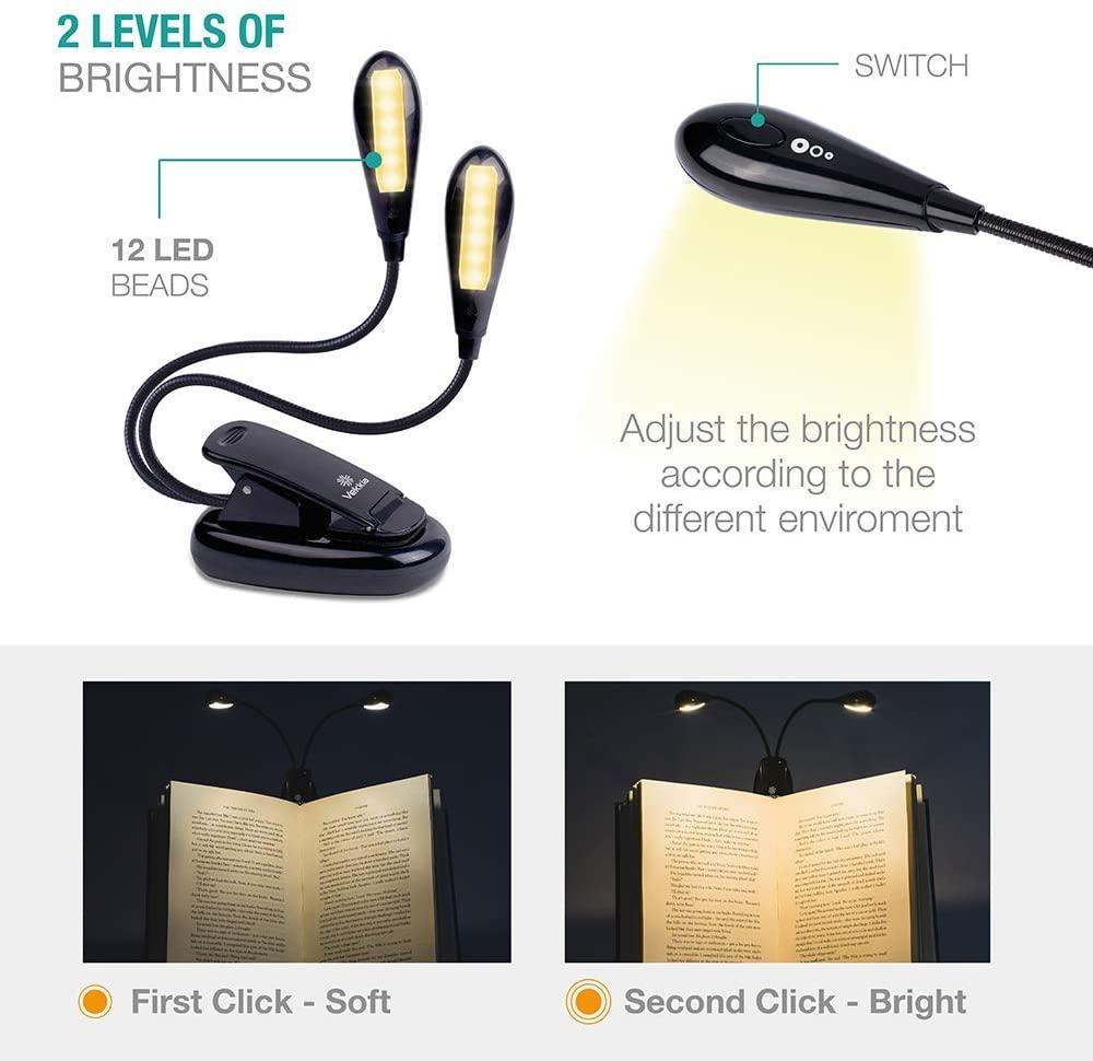 Super Adjustable Goosenecks Clip LED Lamp For Book Reading With Stand And Double Ligh Rechargeable 12 LED Warm Book Light, Clip On Bed Reading Light, Music Stand Lamp, 2 Brightness & 2 Goosenecks Light Up 2 Full Pages. Perfect For Bookworms, Kids & Music - Black Girl Golf