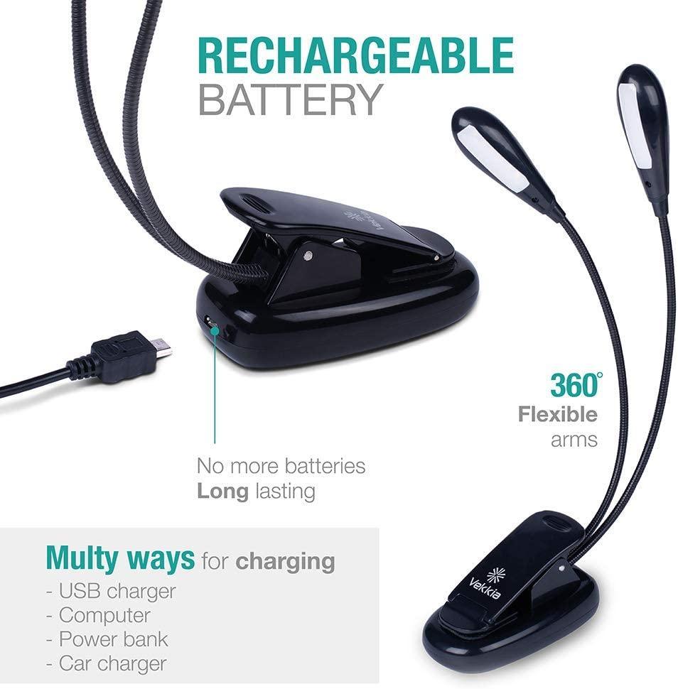 Super Adjustable Goosenecks Clip LED Lamp For Book Reading With Stand And Double Ligh Rechargeable 12 LED Warm Book Light, Clip On Bed Reading Light, Music Stand Lamp, 2 Brightness & 2 Goosenecks Light Up 2 Full Pages. Perfect For Bookworms, Kids & Music - Black Girl Golf