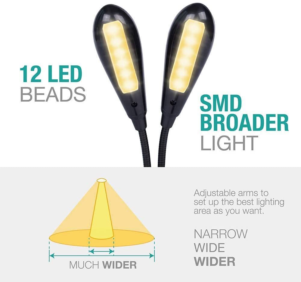Super Adjustable Goosenecks Clip LED Lamp For Book Reading With Stand And Double Ligh Rechargeable 12 LED Warm Book Light, Clip On Bed Reading Light, Music Stand Lamp, 2 Brightness & 2 Goosenecks Light Up 2 Full Pages. Perfect For Bookworms, Kids & Music - Black Girl Golf
