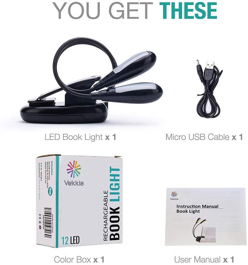 Super Adjustable Goosenecks Clip LED Lamp For Book Reading With Stand And Double Ligh Rechargeable 12 LED Warm Book Light, Clip On Bed Reading Light, Music Stand Lamp, 2 Brightness & 2 Goosenecks Light Up 2 Full Pages. Perfect For Bookworms, Kids & Music - Black Girl Golf