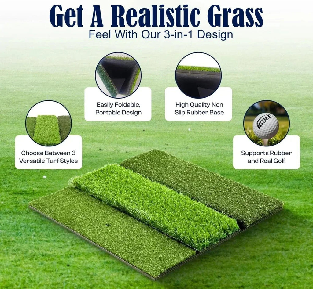 Swing Rex Premium 3 - in - 1 Golf Mat 24"x24" – Tri - Turf Practice Mat – Foldable Non - Slip Base - Black Girl Golf