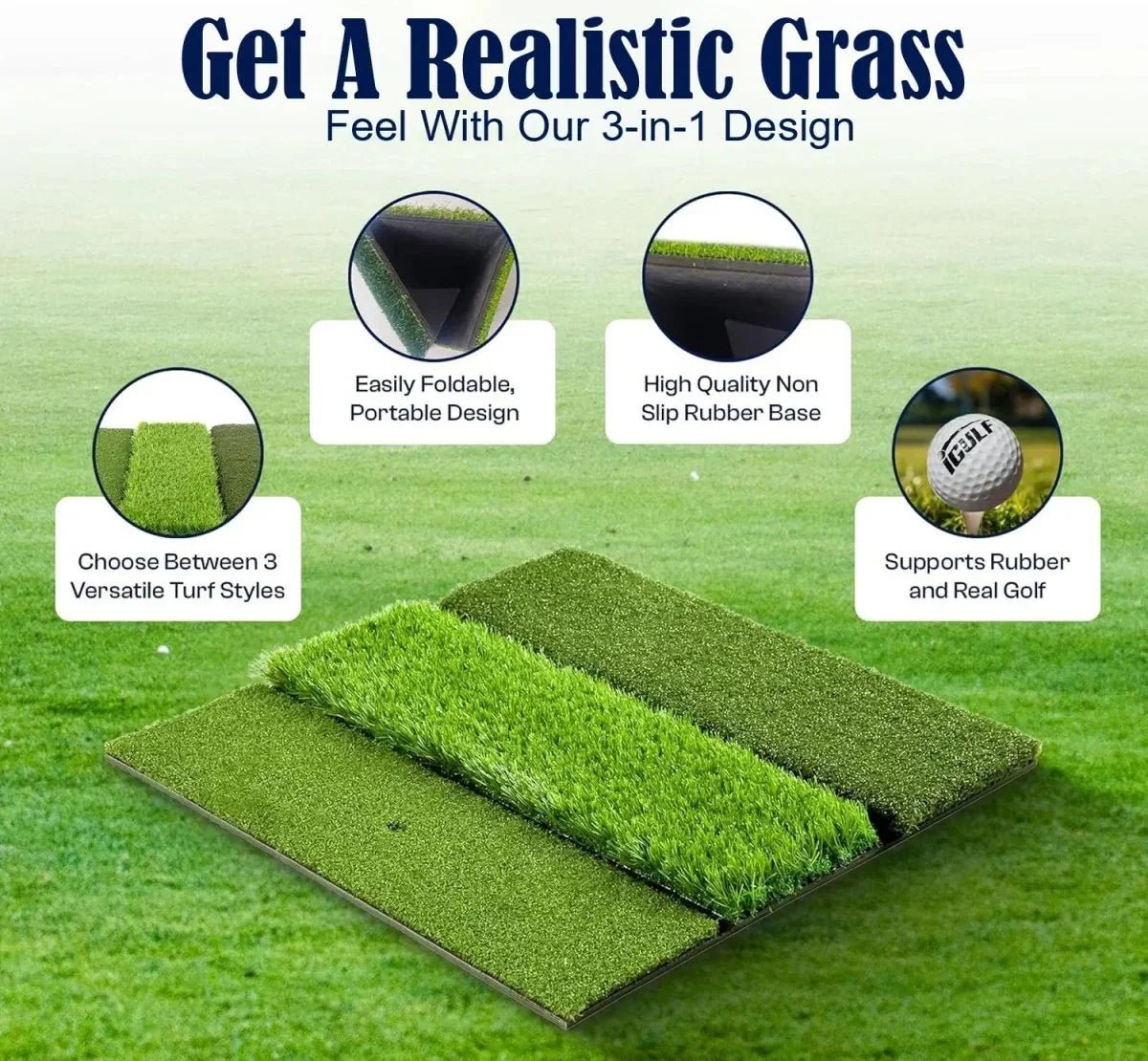 Swing Rex Premium 3 - in - 1 Golf Mat 24"x24" – Tri - Turf Practice Mat – Foldable Non - Slip Base - Black Girl Golf