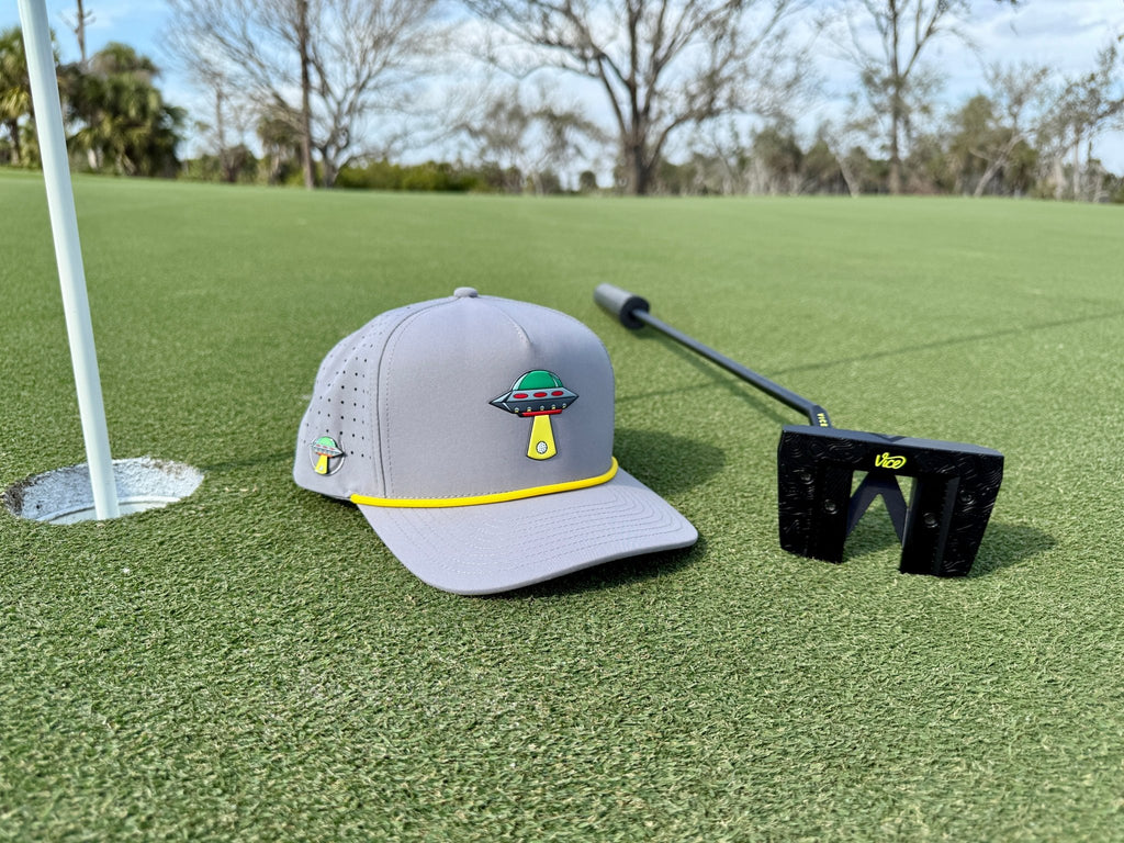 UFO Golf Hat | Snapback Cap | Built-in Magnetic Ball Marker Holder + Marker Included | Adjustable | Alien Gray - Black Girl Golf